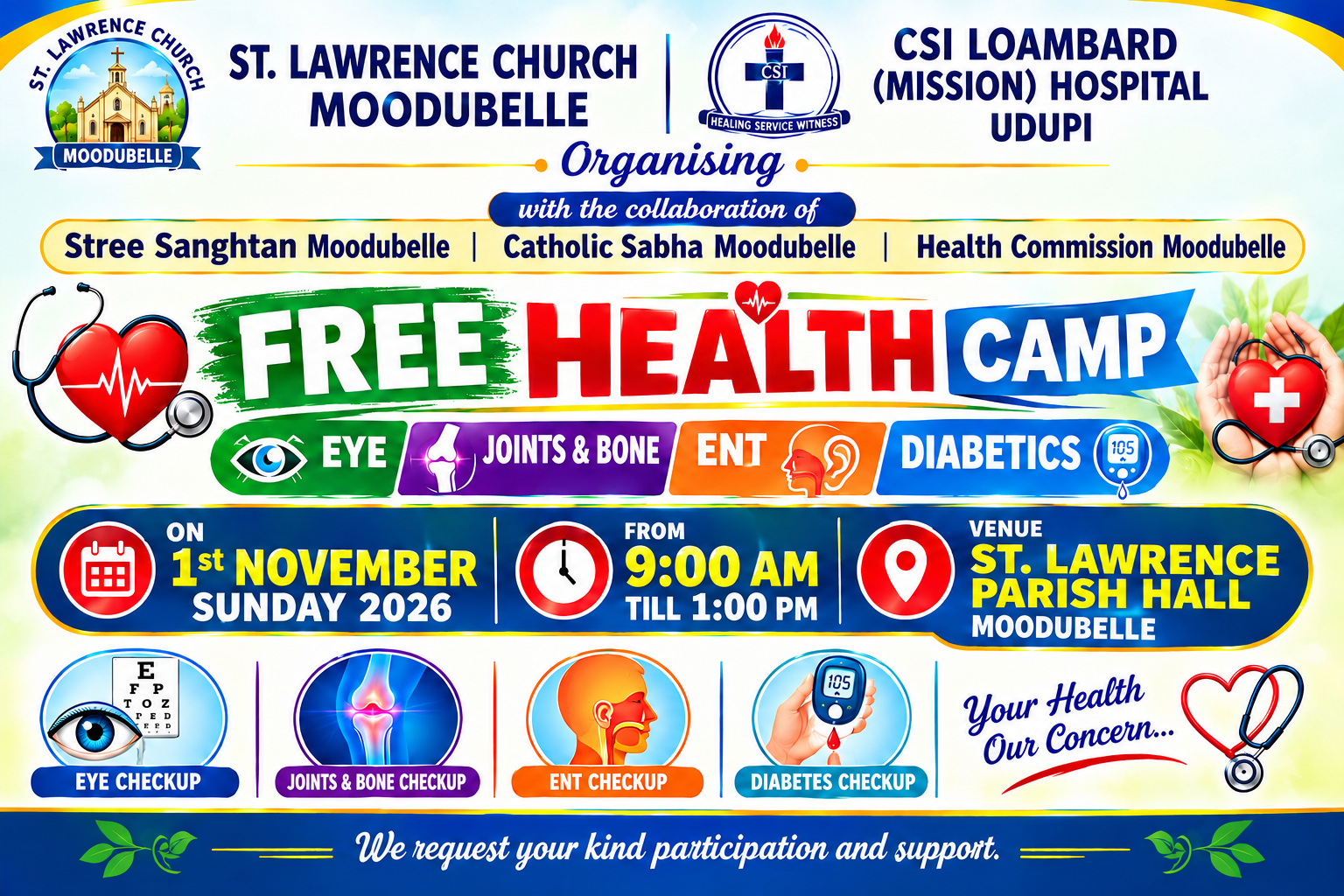 Free Health and Eye,Ent,Joints&Bones,Diabetics Check-up Camp